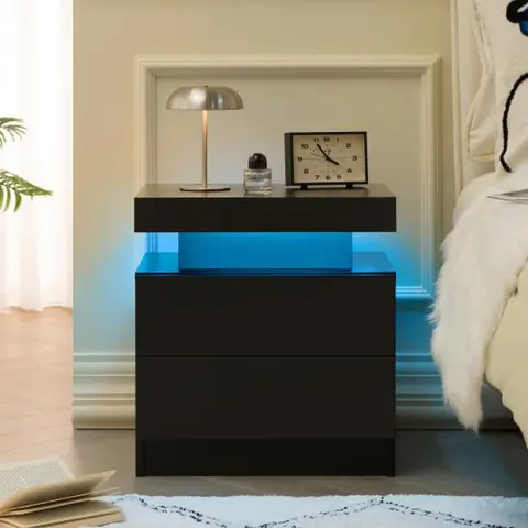 [Bellemave]Nightstand LED Bedside Table Cabinet Lights Modern End Side with 2 Drawers for Bedroom (White Stone)