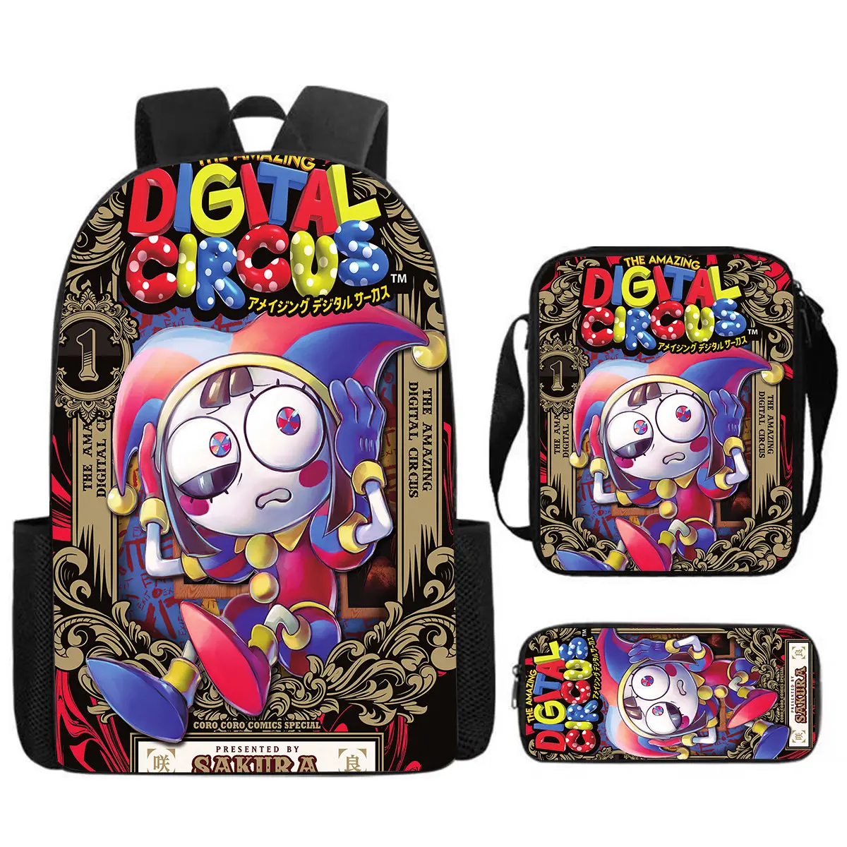 Kids Digital Circus Cartoon Backpack 3-Piece Set Pack - Oxford Cloth Water-Resistant School Bag with Lunch Box, Pencil Case, Top Handle & 15-Inch Laptop Compatibility, Back to School Essential, Hand Wash Only