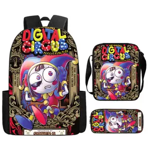 Durable Water Resistant 3-Piece Backpack Set for Kids, Lightweight School Bag with Lunch Box & Pencil Case, Vibrant Digital Circus Cartoon Print, Comfortable Breathable Padded Straps, Large Capacity for 15-inch Laptop, Ideal for School, Travel & Daily Use