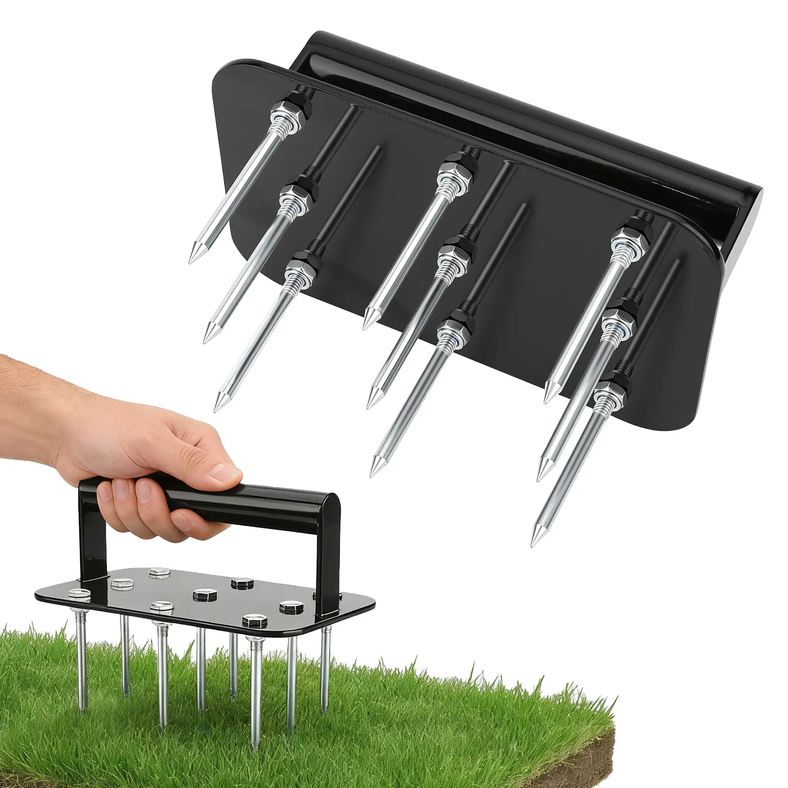 RIFPOD Handheld Mini Soil Aerator Tool - Heavy Duty Manual Core Aerator for Compacted Soil, 4-Spike Precision Design with Comfort Grip, Efficient Grass Plug Aerator for Small Garden Maintenance (Black)