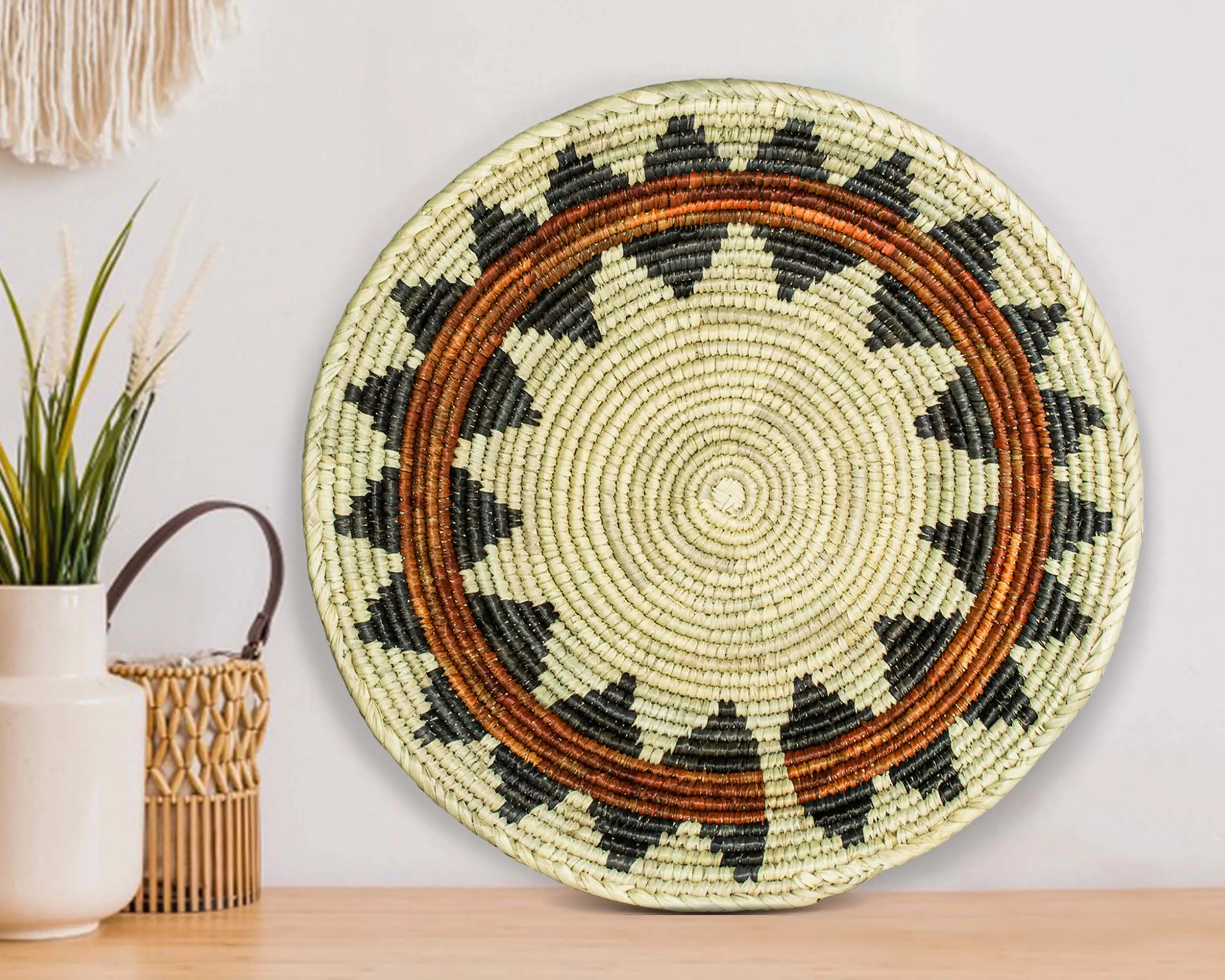 14” Handwoven Boho Bowl Basket, Rustic Wall Hanging, Traditional Wall Basket Decor, Fruit Bowl, Farmhouse Centerpiece Ceremonial Basket, Wedding Basket