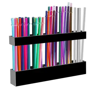 1pc Black Clear Acrylic Straw Dispenser Organizer - 2-Tier Reusable Straw Storage Container with Colorful Straw Slots, Space-Saving Kitchen Counter & Cabinet Organizer for Home, Cafe, Restaurant