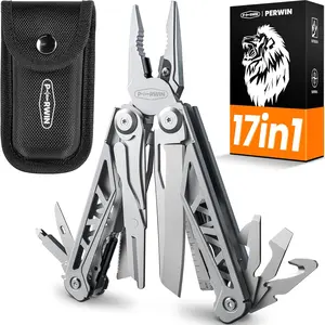 Multitool, 17-In-1 Stainless Steel Multi Tool Pliers with Self-Locking, Pocket Knife, Nylon Sheath, Professional (EDC) Multi-Tool for Survival, Camping and Hunting, Hiking, Simple Repair PERWIN