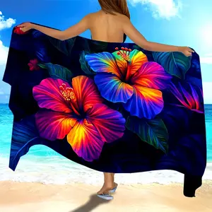 Rainbow gradient hibiscus ultra-fine fiber quick-drying beach towel, tropical style seaside vacation bath towel, large travel shawl, Lightweight Soft Towel, suitable for sports, swimming, pool activities, yoga beach towel