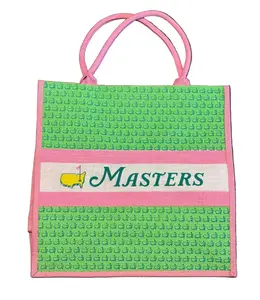 Masters Golf Tournament Light Green Logo & Pink Large Jute Tote Burlap Beach Bag