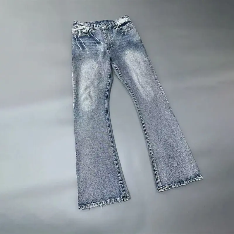 Retro Gradient Washed Bootcut Jeans Unisex Whisker Distressed Raw Frayed Hem Mid Rise Slim Flare Denim Pants Classic Pocket Vintage 90s Y2K Urban Streetwear Casual Trousers