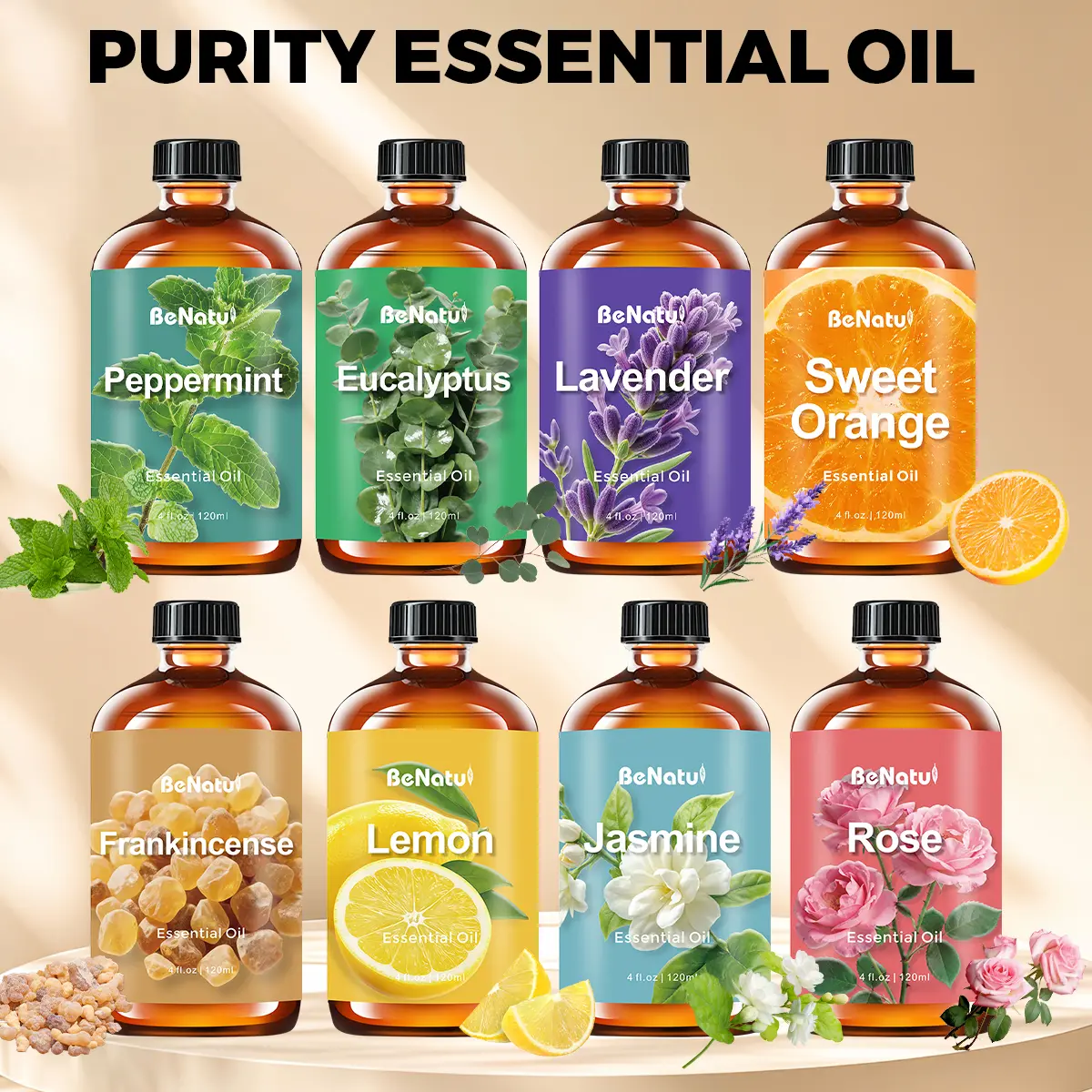 Benatu Natural Essential Oils : Lavender, Peppermint, Frankincense, Eucalyptus, Sweet Orange, Rose, Lemon, Jasmine For Flavored Air, Humidifiers, Diffusers