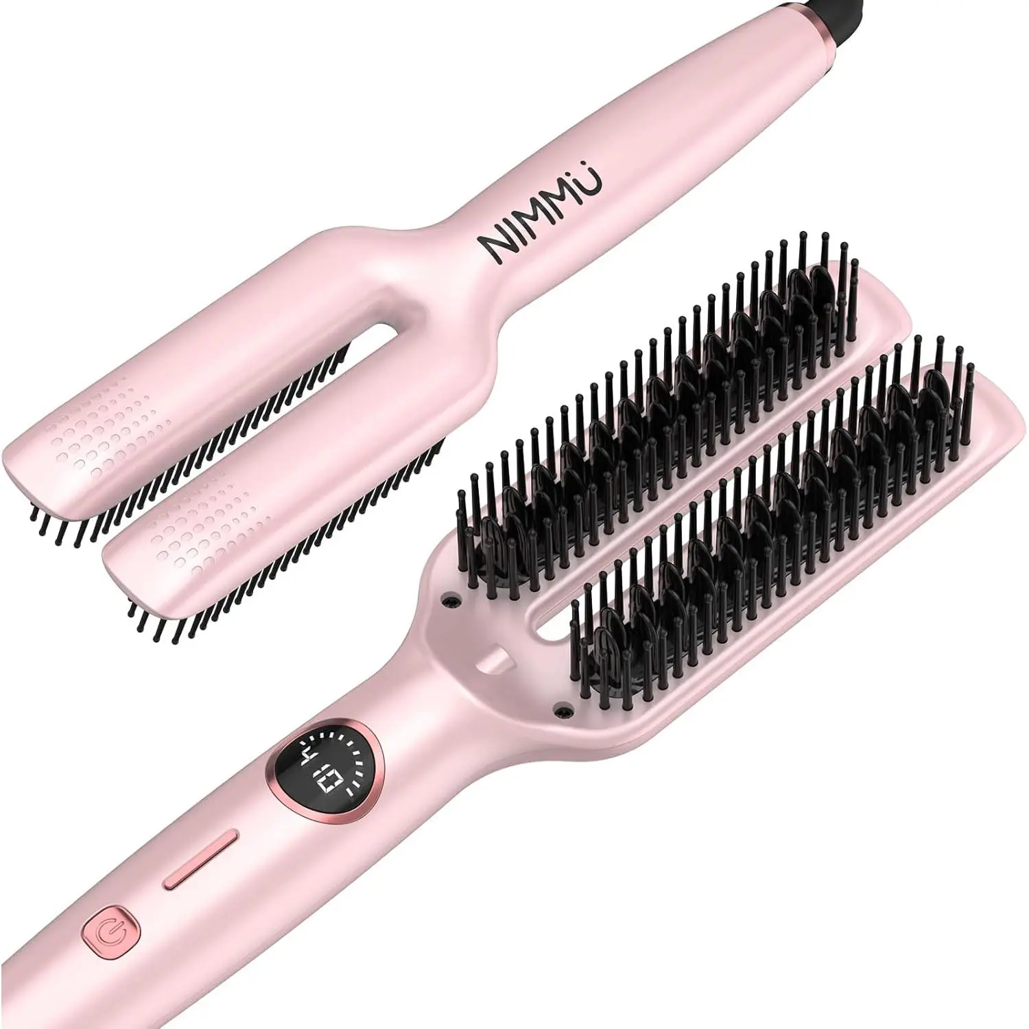 Nimmu Ionic Hair Straightener Brush, Hair Straightening Brush Flat Iron for Women with 5 Temps, Ceramic Straightener Comb Fast Heating for Home Salon, Double Heating Plate & Dual Voltage, Pink