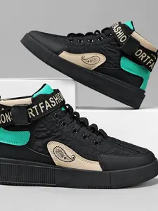 Men's High Top Paisley Flower Street Style Sneakers, Decorative Strap Casual Shoes, Trendy Student Sports Shoes, Fashionable Footwear