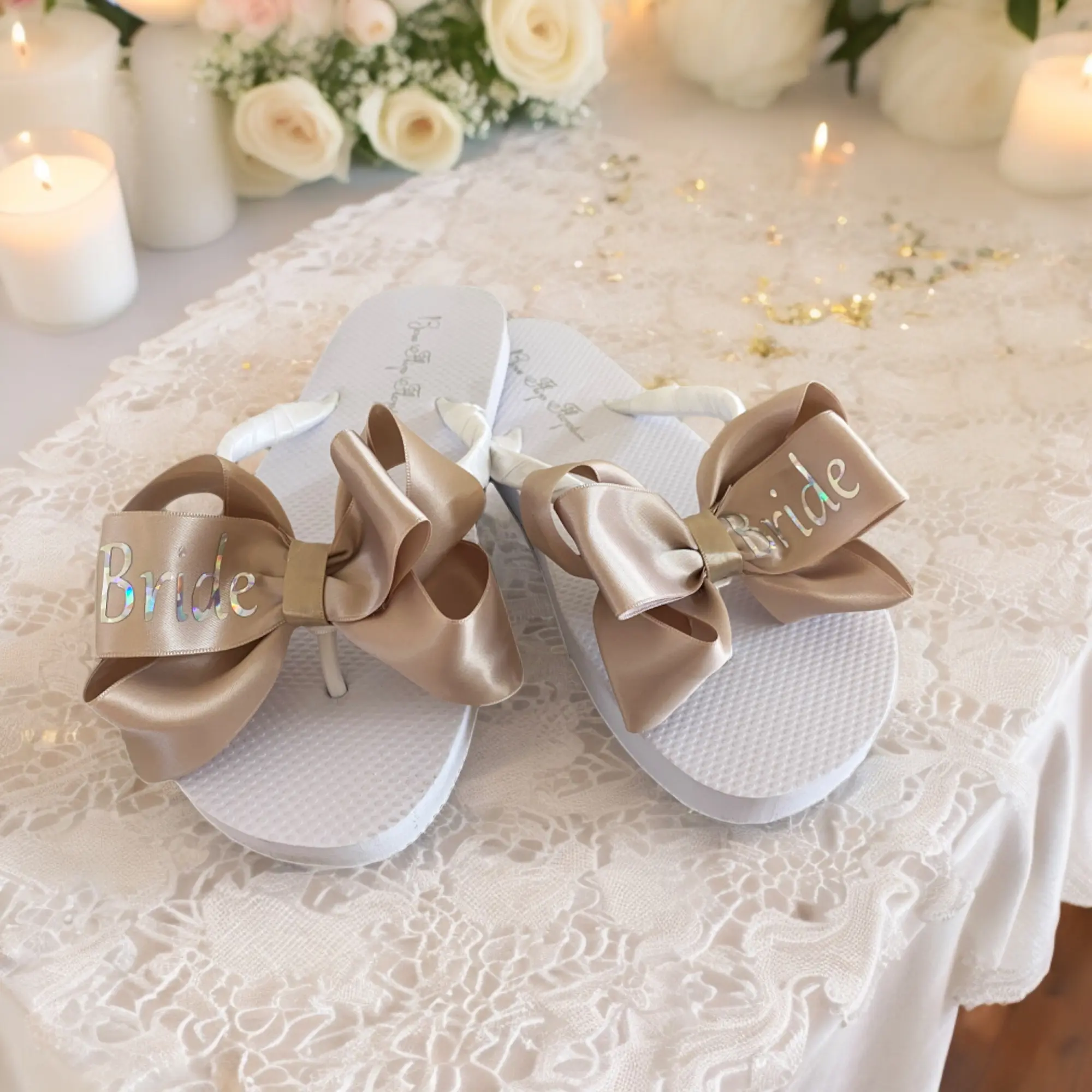 Champagne Satin Glittery Brode Bow Flip Flop Sandals for Destination Wedding  Footwear Women