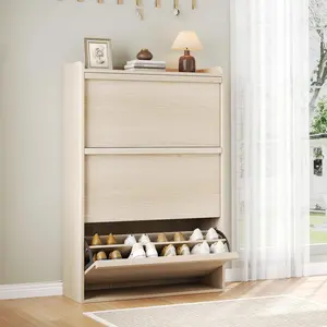 Modern 3-Flip-Drawer Shoe Cabinet | Hidden Storage with Adjustable Shelves | Natural Wooden Organizer for Entryway & Living Room (Holds 18-24 Pairs) Decor Rack