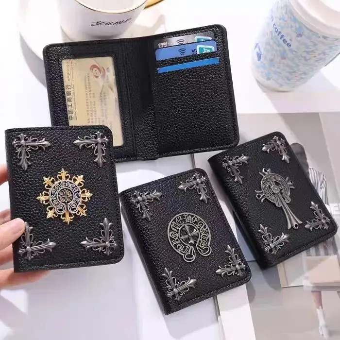 Gothic Metal Ornament Bifold Card Wallet Faux Leather Multi‑Slot ID Card Holder