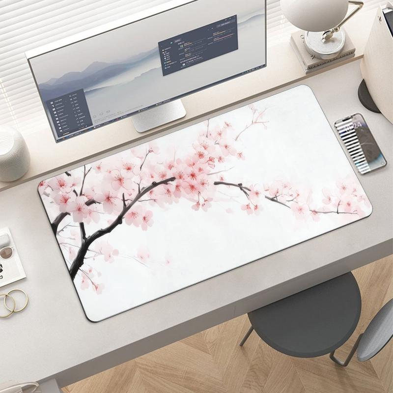 Cherry Blossom Pattern Mouse Pad, Large Gaming Mouse Pad, Non Slip Rubber Base Mousepad with Stitched Edges, Desktop Keyboard Pad for Home Office