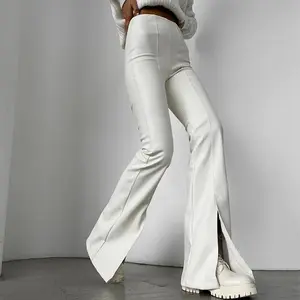 Autumn and Winter Women's White Patchwork Slit Sexy Tight Micro Flared PU Leather Pants for Wholesale