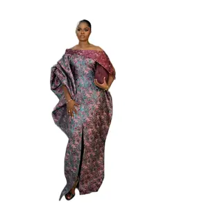 African Luxury Boubou Dress with Elegant Floral Print & Asymmetric Design for Special Occasions Pure Silk Brocade Cotton Hand Embroidery Beadwork