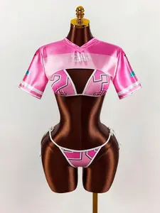 LALUZ Boutique Amplova Women's Shiny Pink Jersey Style Numbered Swimsuit Set, Sexy & For Beach Vacation