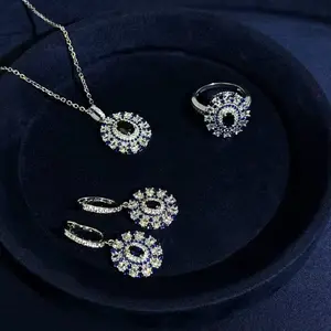 【LIVE】Vintage Blue Sapphire Style Jewelry Set for Women Silver Toned Necklace Hoop Earrings & Ring Trio Elegant Statement Jewelry Perfect for Wedding Party Daily Wear & Anniversary Gift