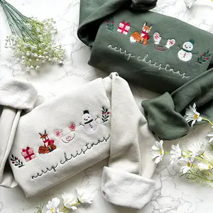 Embroidered Merry Christmas Sweatshirt, Cute Winter Animal Crewneck, Coquette Holiday Sweater with Fox and Snowman, Cozy Christmas Gift for Her