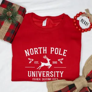 Red North Pole University Christmas Fleece Crewneck Embroidered Sweater Pullover christmas sweatshirt