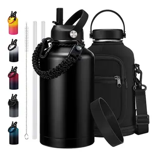 64 oz Insualted Water Bottles - 40/64/128oz Leak Proof Stainless Steel Flask Water Bottle with Straw Flex Lid, Survival Paracord, Shoulder Carrier Bag, Metal Hydro Water Flask Mug Sports Hiking Cycling Work