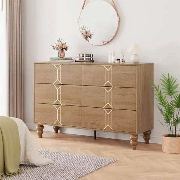 Vintage Style 6-Drawer Dresser, Modern Oak and Gold Chest with Deep Storage for Bedroom, Living Room and Entryway - TikTok Shop Vintage Style 6-Drawer Dresser, Modern Oak and Gold Chest with Deep Storage for Bedroom, Living Room and Entryway - TikTok Shop