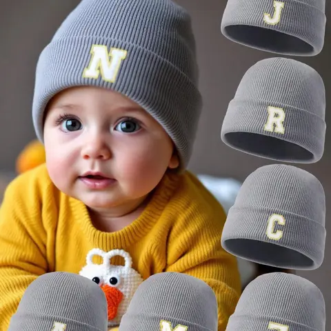 Baby Letter Knitted Beanie Hat, Soft Warm, Suitable for Autumn Winter, Unisex, Perfect for Outdoor Activities, 0-3 Years, Infant Beanie, Knitting Beanie, Bonnets, Beanies