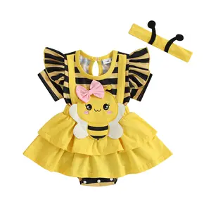 FOCUSNORM Newborn Baby Girl Outfit Short Sleeve Striped Bee A-line Romper Dress with Headband Clothes 0-18 Months