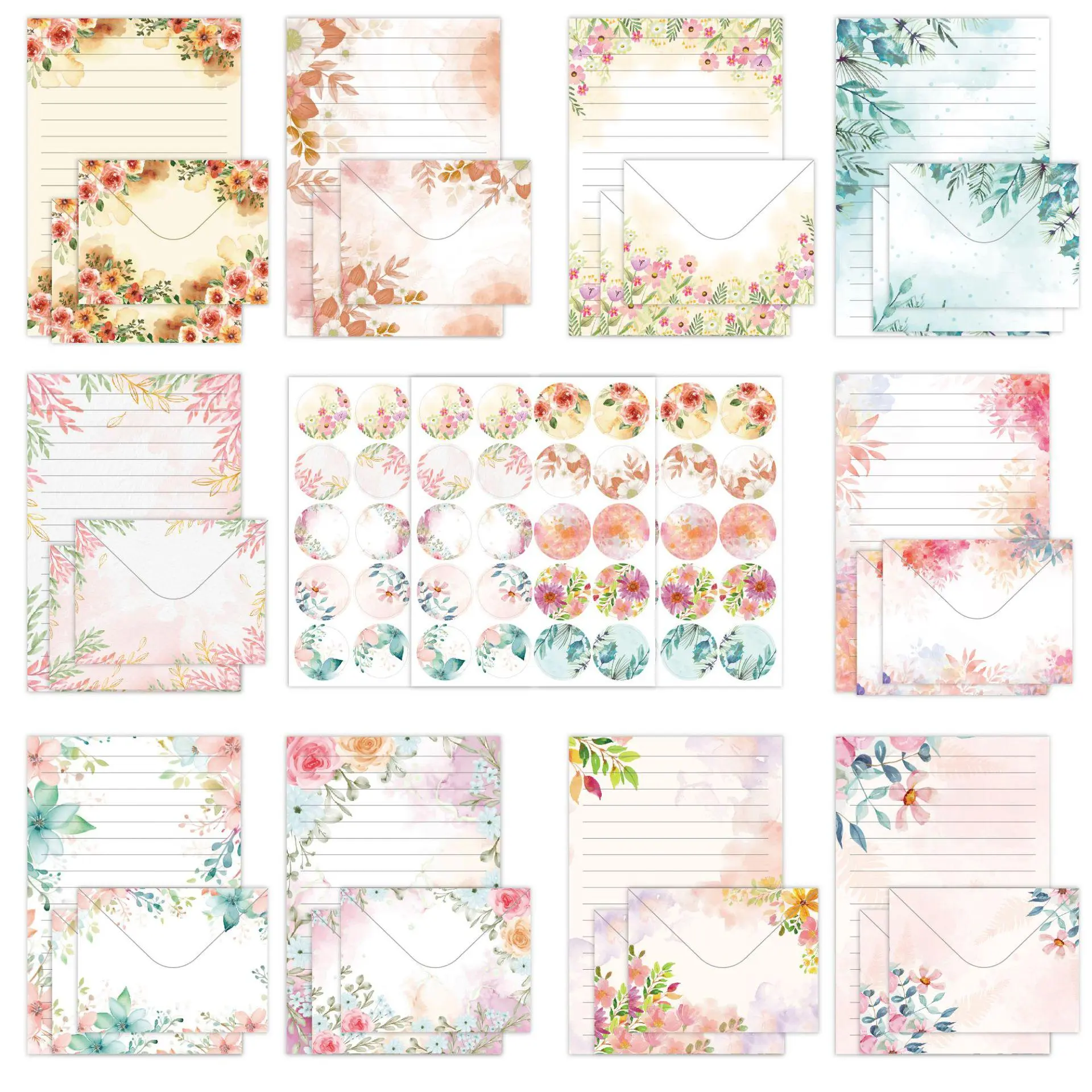 50 pcs Stationery Paper Envelopes Set 50 Lined Stationery Paper and 50 Matching Envelopes Floral Themed Writing Paper Stationery for Home, Office, School