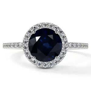 Classic Round Blue Sapphire Halo Ring with Prong Set Diamonds (2.61cttw)- RBS001-8X8-A