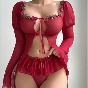Mesh Transparent Long Sleeve Slit Lace Outerwear Erotic Set