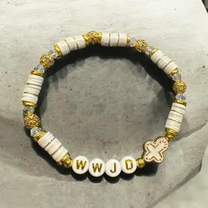 WWJD White & Gold Beaded Bracelet with Cross Charm Faith-Inspired Jewelry Casual Handmade Adjustable Spiritual Touch woman bracelet motivational bracelet shop christian Stretch Beads
