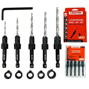 Countersink Drill Bit Set, 5 PCs Counter Sink Drill Bit Adjustable, #4, #6, #8, #10, #12, M2 High Speed Steel,1/4” Hex Shank, 5 PCs Depth Stop,1 PC Hex Key, Storage Box, Ideal for Woodworking