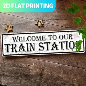 2D Flat, 1pc Vintage Train Station Metal Wall Decor - Welcome to Our Train Station Sign - Large 15.7x3.9 Inches - Heavy-Duty Aluminum - Pre-Drilled Holes for Easy Hanging - Indoor/Outdoor Decoration - Perfect for Home, Kitchen, Farmhouse, Porch, Railway E