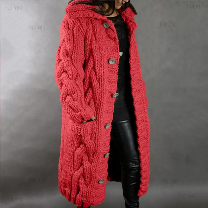 Women's Plus-Size Thick Polyester Long-Sleeve Solid Knit Cardigan - Elegant Style, Pocket Design, Daily Wear, Tops, Fabric, Knitwear