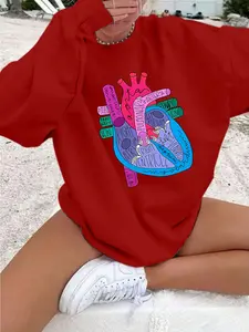 Sweet Girl Style Colorful Anatomical Heart Geometric Graphic Sweatshirt, Casual Fitted Round Neck, Fall & Winter, School Commute, Beach Walk, Weekend Shopping