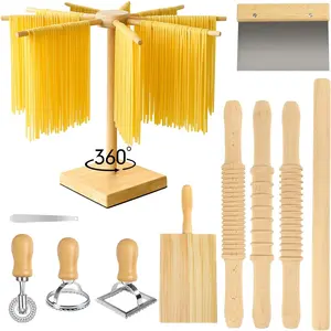 11Pcs 3 Size Wooden Pasta Making Kit with Threaded Rolling Pins, Rotatable Pasta Drying Rack, Gnocchi Board, Dough Cutter, Wheel Cutter and 2 Stamps