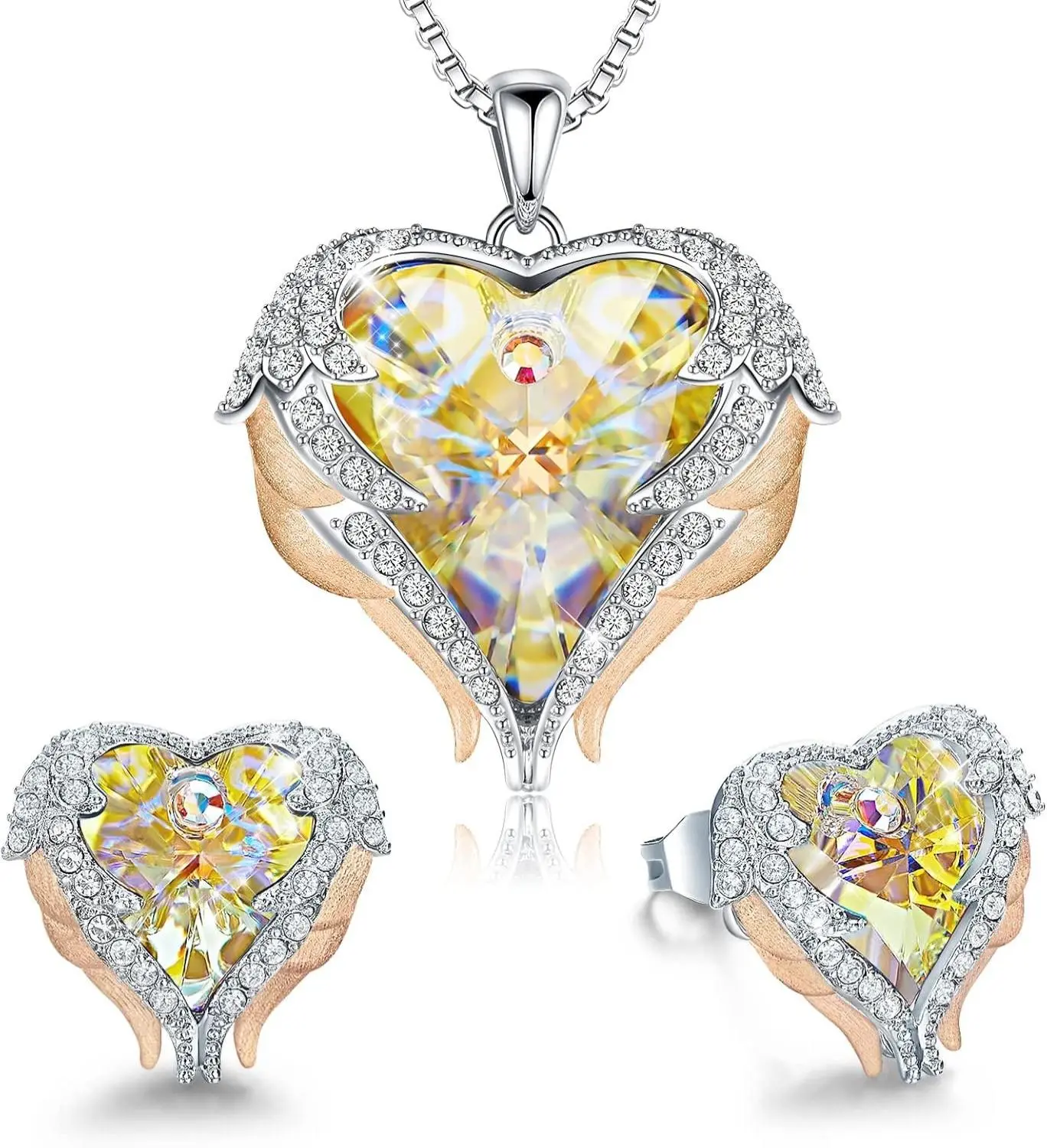 CDE Mothers Day Jewelry Set for Women, Angle Wing Heart Pendant Necklaces and Earrings with Birthstone， Birthday/Anniversary Christmas Jewelry Gift for Women Wife Her