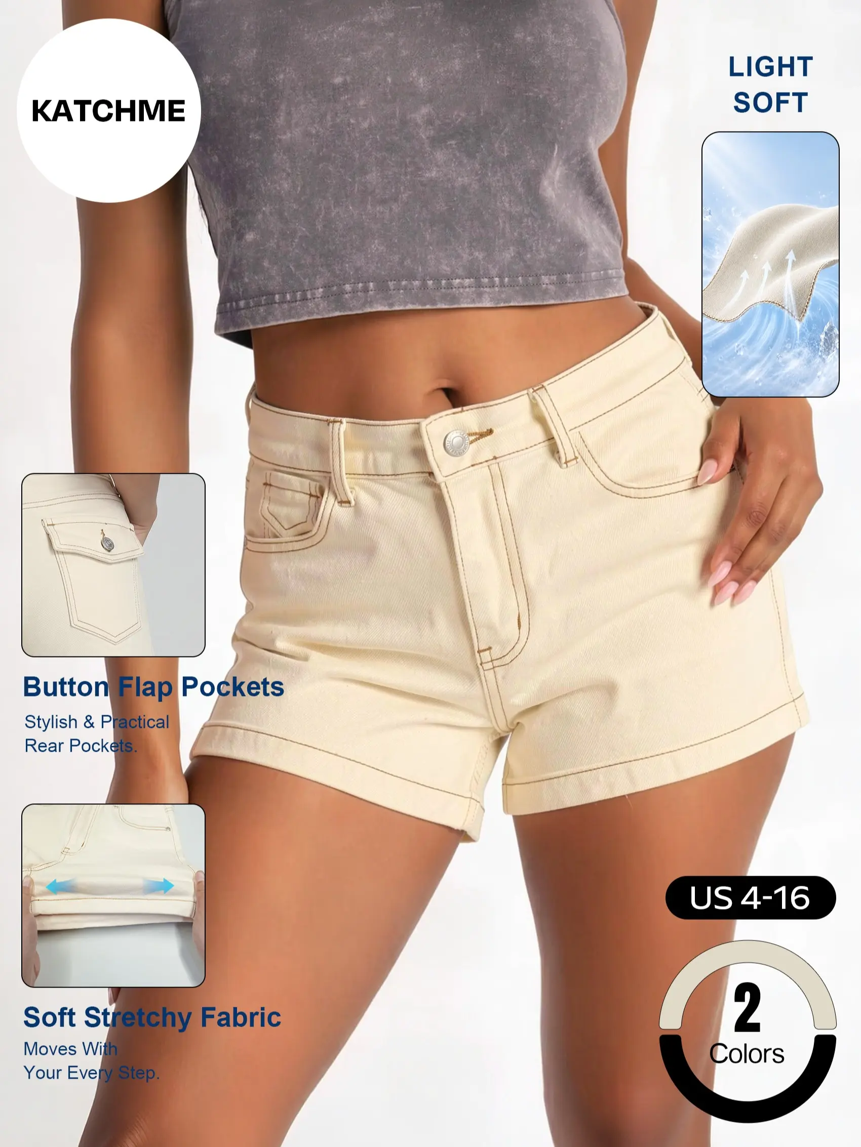 Katch Me Chic Women's Versatile Mid-Rise Durable Stretchy Cotton Shorts, Casual Wrinkle-Resistant Lightweight Denim Shorts for Summer, Comfort Multi-Pocket Women's Bottom