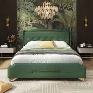 Queen Size Bed frame with Wingback Headboard & Footboard, PU Upholstered Queen Platform Bed, Solid Wooden Slats Support, Easy Assembly, Green