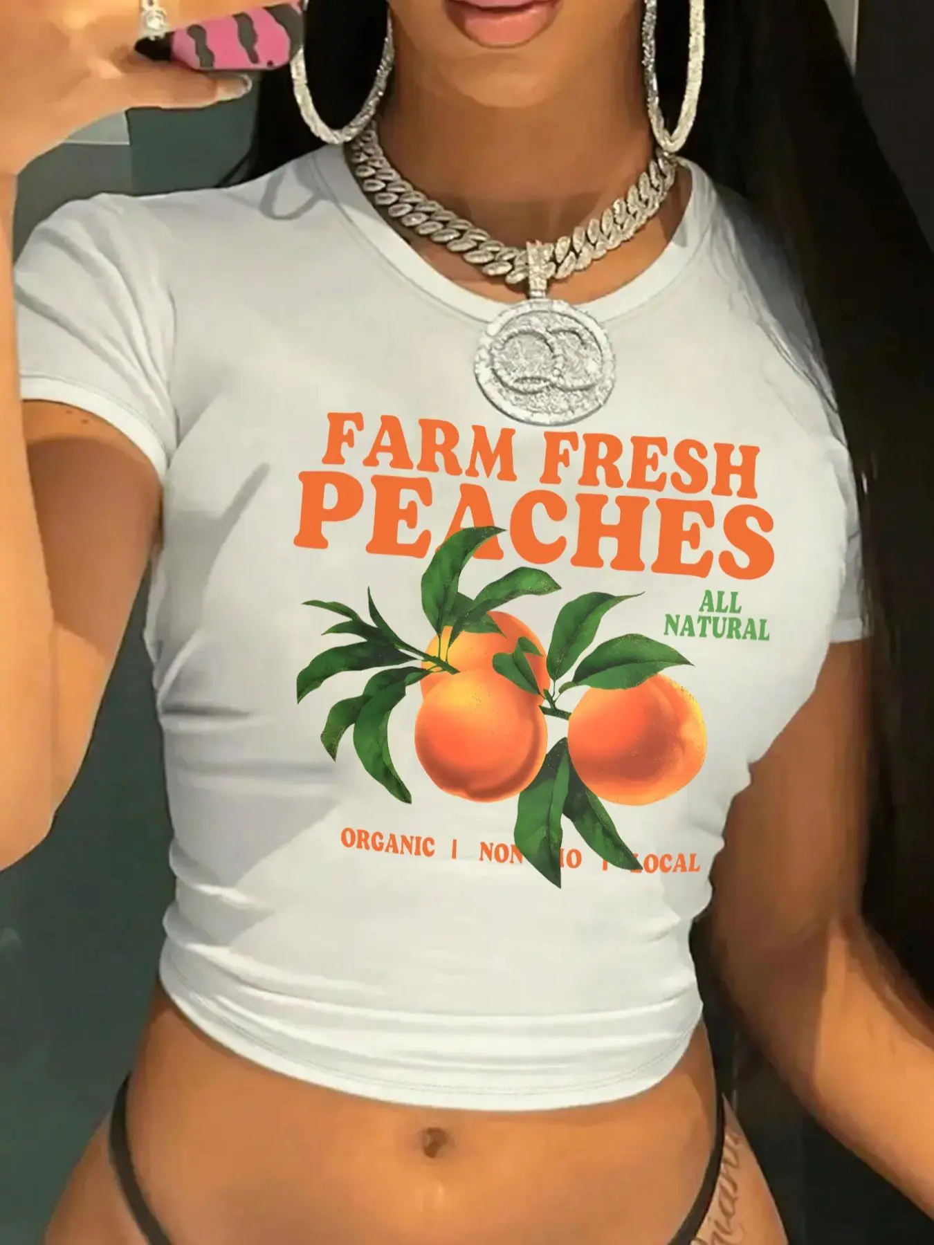 Women's Peach Print Round Neck Crop Tee, Casual Slim-fitting Short Sleeve Summer T-shirt, Ladies Top for All Seasons, Streetwear, Casual Tee Shirts