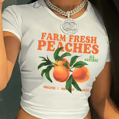 Women's Peach Print Round Neck Crop Tee, Casual Slim-fitting Short Sleeve Summer T-shirt, Ladies Top for All Seasons, Streetwear, Casual Tee Shirts