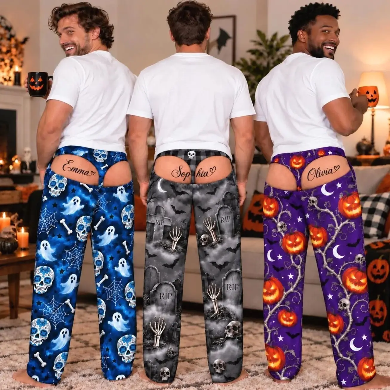 Funny Pajama Pants For Men, Custom Name Halloween Fake Butt Lounge Pants, Spooky Gag Gift Husband