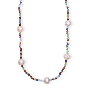 Multi Color Freshwater Pearl and Multi Gemstone 30 ctw Necklace 24 Inches in Rhodium Over Sterling Silver Christmas Gifts