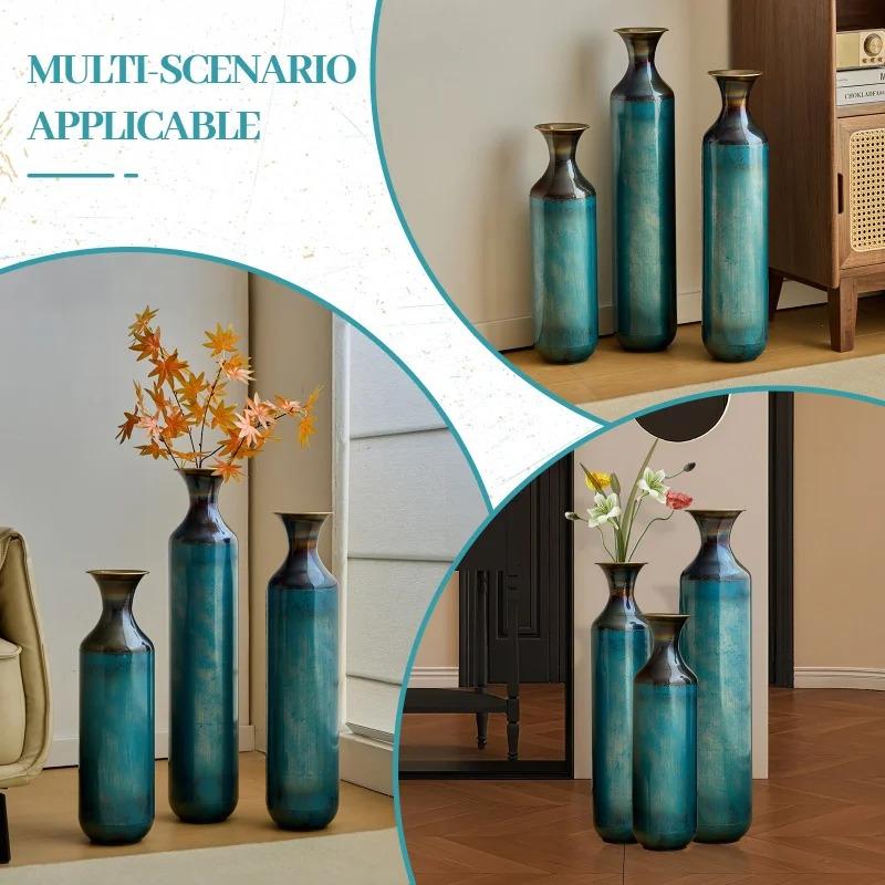 USA Stock Torch-Fired Metal Rustic Flower Vases Set 3 Tall Blue Burnt Finish High Quality Floor Vases for Farmhouse Living Room