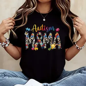 Autism Mama Puzzle Pieces And Ribbon Print T Shirt White Crewneck Casual Wear For Autism Awareness Support And Motherhood