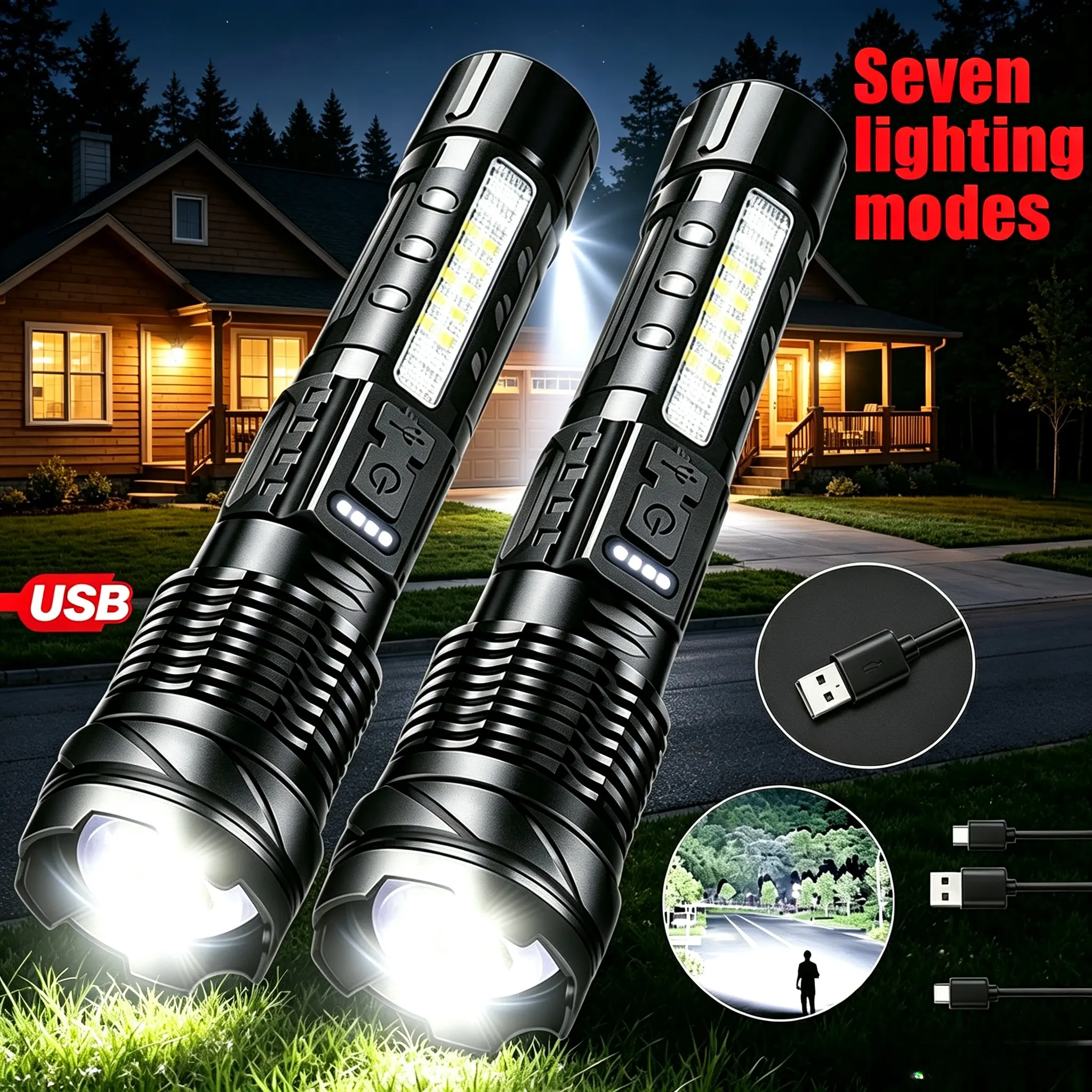 Rechargeable USB-C Torch Light, Multi-Functional Flashlight for Camping, Emergency & Hurricane Season Outdoor Home Improvement Lighting travel use mode zoomable waterproof flash light