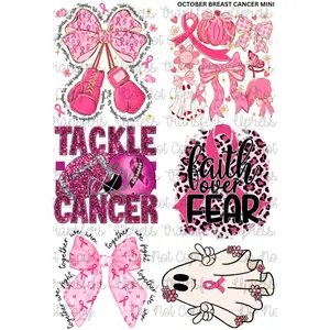 October Breast Cancer Mini DTF Transfer Gang Sheet 24.5" Wide x 36" Long Direct To Film Trendy Vibrant Designs for Stylish Wardrobe