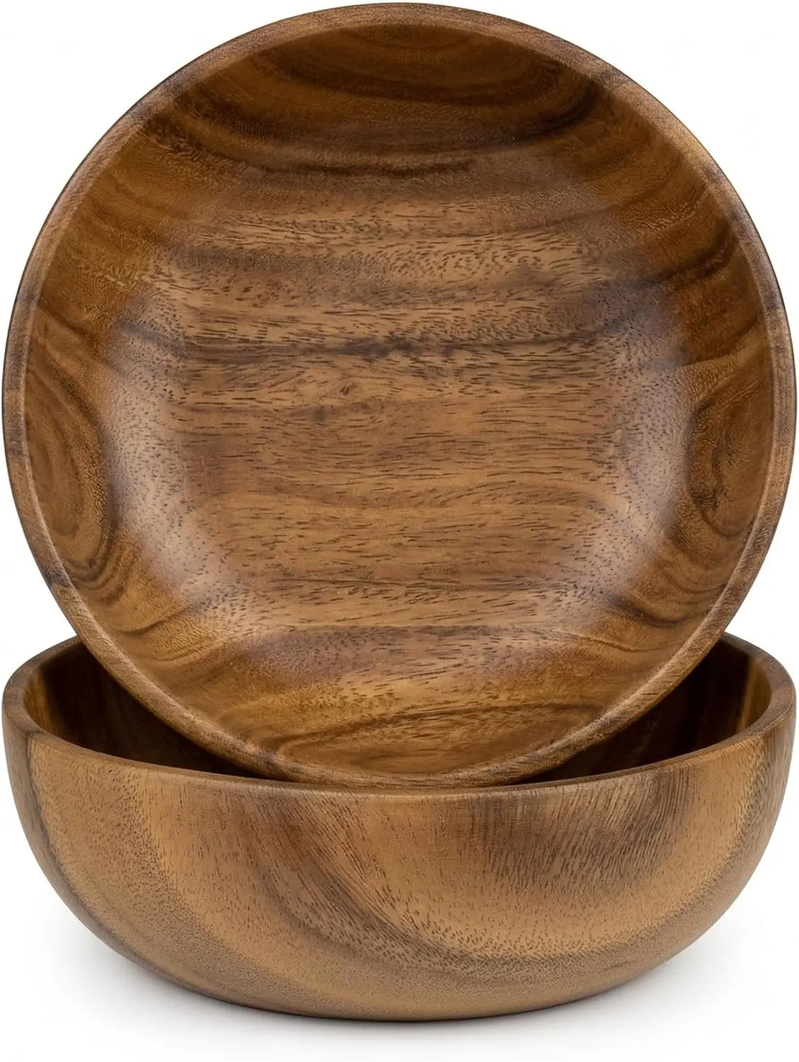 2PC Wooden Salad Bowl, Walnut Wood Serving Bowl for Pasta and Fruit | Wide Shallow Profile, Individual Serving Size, Hand Wash Only