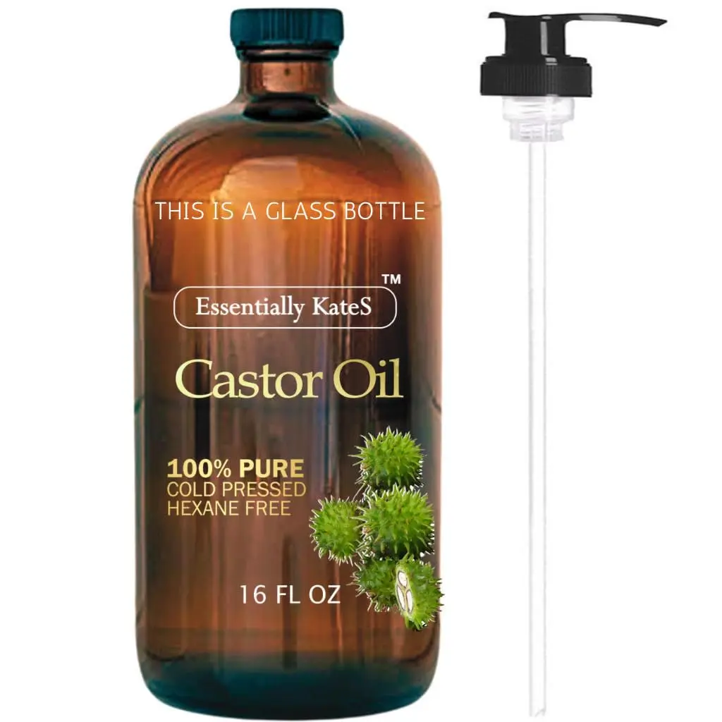 Essentially KateS 100% Pure Natural Cold Pressed Hexane-Free Castor Oil, 16 Fl Oz Glass Bottle with Pump - Body Care, Moisture for Hair and Body, Base Carrier Oil, Moisturizing Oil