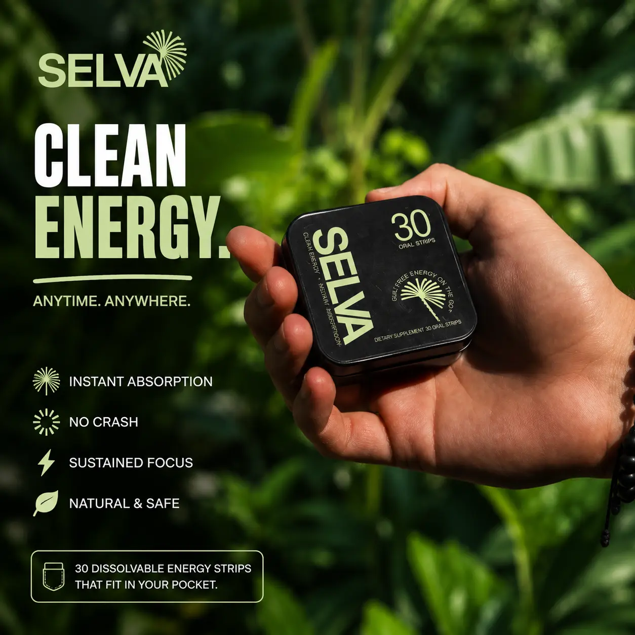 SELVA Clean Energy Strips – | 30 Fast Dissolvable Energy Strips | Clean Ingredients No Crash No Sugar